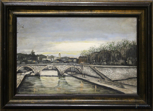 Scorcio di Roma con ponte e figure, olio su tavola 52X34 in cornice 