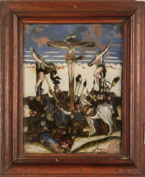 Crocifissione, dipinto sottovetro 22x17 cm, XVIII sec, entro cornice.