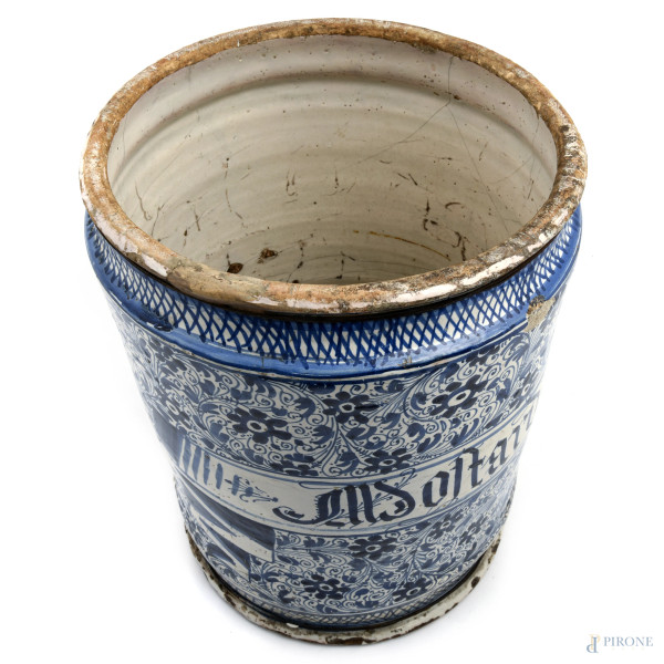 Vaso in ceramica da farmacia, XIX-XX secolo, altezza cm 35, (segni di usura, felature, rotture, r...