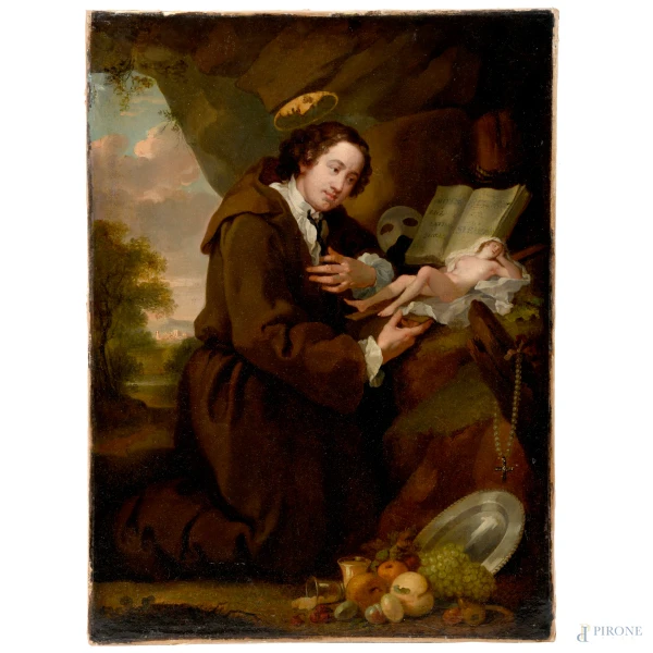 Scuola inglese del XIX secolo, Ritratto di sir Francis Dashwood (da William Hogarth, 1697-1764), olio su carta applicata su tela, cm 40,5x34, (piccolo foro in basso a destra)