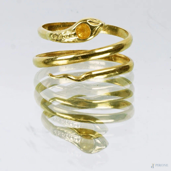 Anello a forma di serpente in oro giallo 18 KT, mancante pietra, peso gr.3,1,