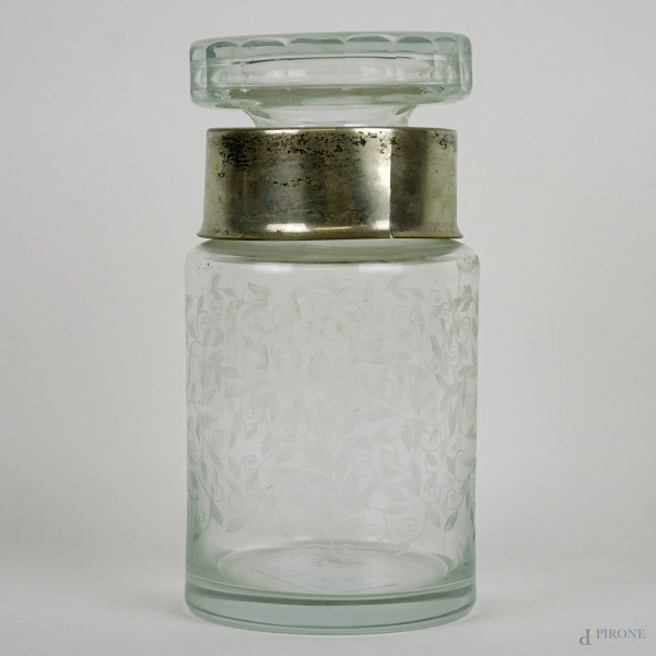 Barattolo in vetro molato, finitura in metallo argentato, cm h 19, (piccolo difetto)