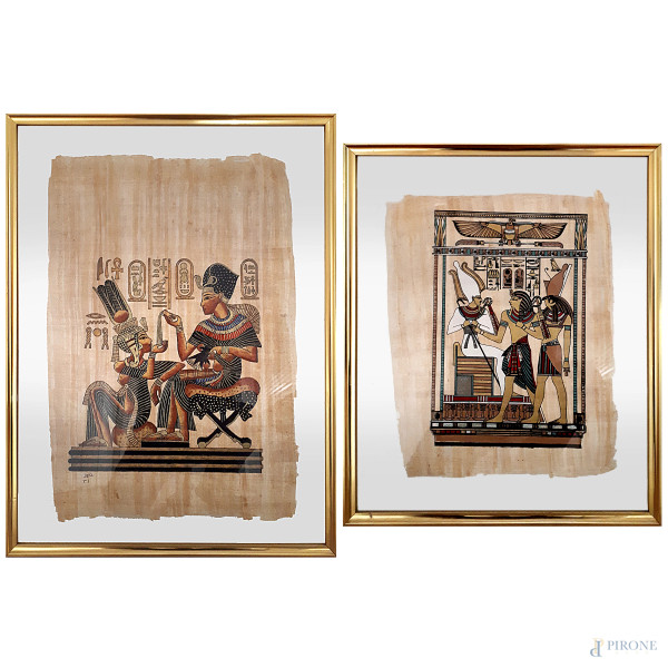 Coppia di dipinti egizi vintage su stuoia naturale, cm 64x44 e cm 44x34, con cornici