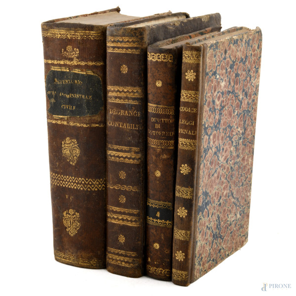 Lotto di 4 libri di argomento giuridico e contabile, XIX secolo, (segni di usura, rotture, strappi, mancanze, difetti)