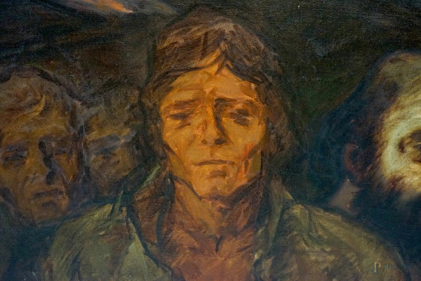 Lavoratori, olio su tela, firmato, cm 123.5x142