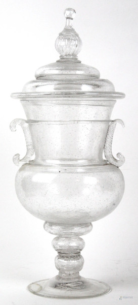 Vaso in vetro soffiato trasparente, lavorazione a bolle, cm h 39, (difetti)