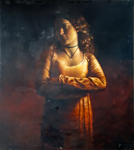 Antonio De Chiara, Figura femminile, dipinto ad olio su tela, 2004, cm 90x80, firma al retro sul telaio