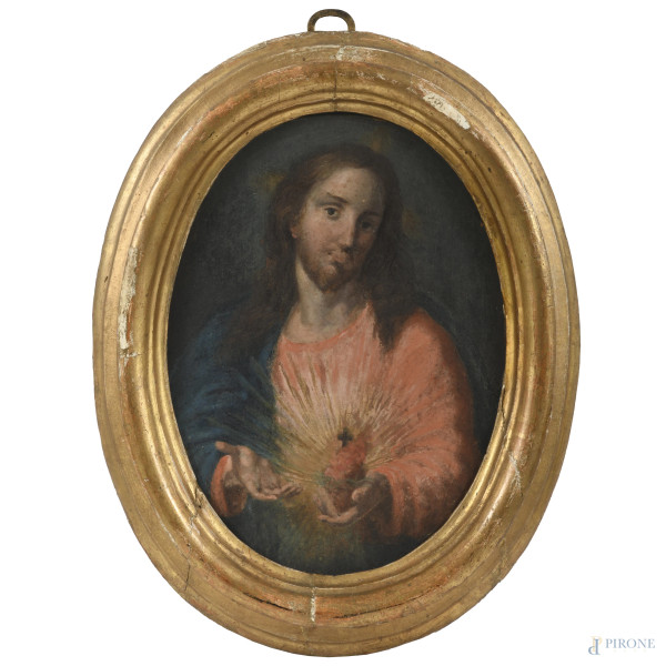 Sacro Cuore, XIX-XX secolo, olio su tavoletta a serto ovale, cm 26x19, entro cornice, (lievi abrasioni e piccole cadute di colore)