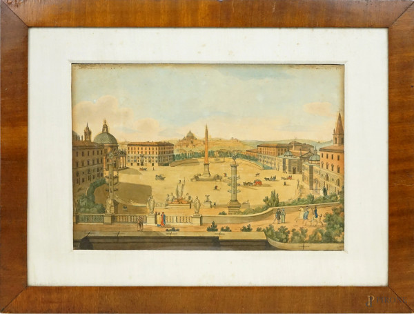 Piazza del Popolo, tecnica mista su carta, cm 30x40, firmato Gaetano Cottafavi, entro cornice.