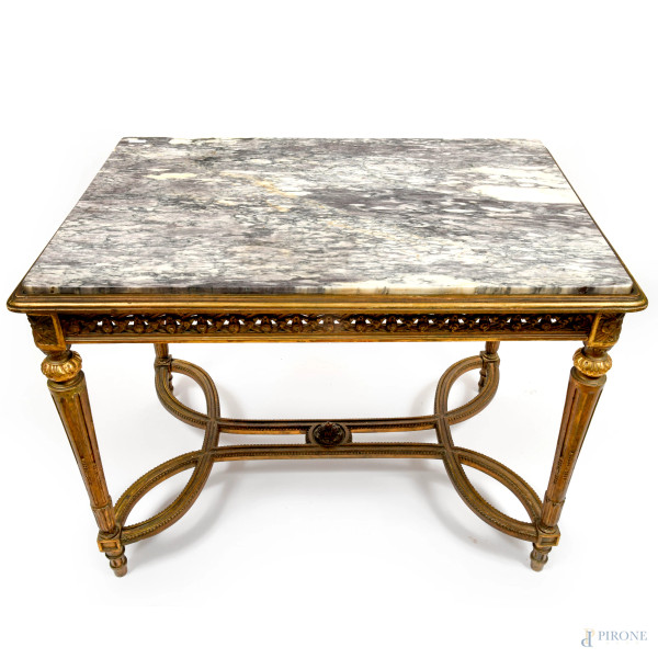 Salotto stile Impero in legno dorato e tappezzeria avorio e a motivi floreali, XIX secolo, (difet...