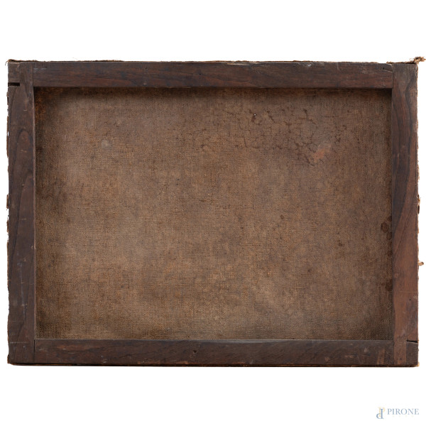 Coppia di dipinti raffiguranti paesaggi con figure e armenti, XIX-XX secolo, olio su tela, cm 45,...