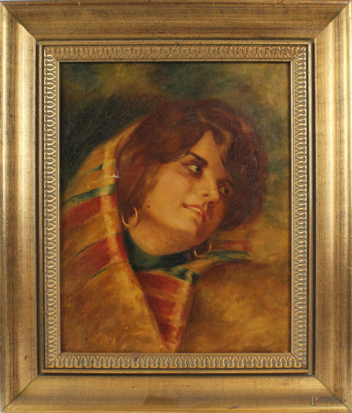 Ritratto di donna, olio su tela, cm 38x30, entro cornice