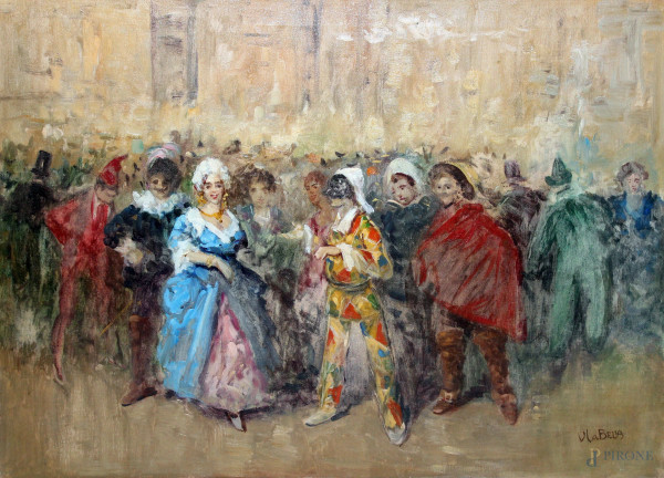 Festa in costume, olio su tela, cm 50x70, entro cornice firmato Vincenzo La Bella.