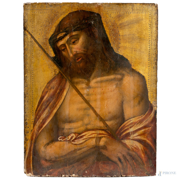 Ecce homo, XIX secolo, tempera su tavola, cm 56,5x44, (segni di usura, cadute di colore, fori di tarlo, fessurazioni, restauri)