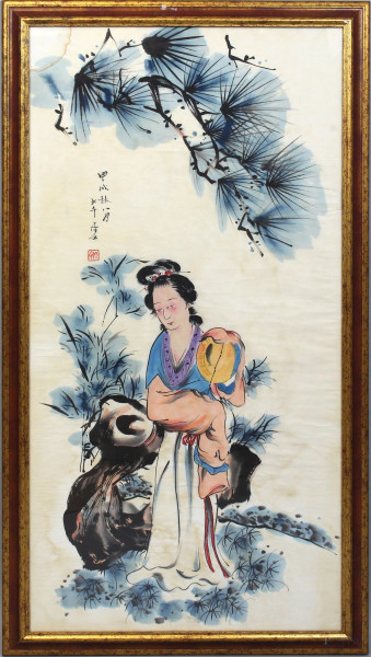Paesaggio cinese, tecnica mista su cartoncino, cm. 97x48, entro cornice, (macchie sulla carta).