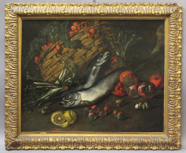  Scuola napoletana, XVII secolo, Natura morta, Pesci e frutta, olio su tela,, cm 54 x 65, entro cornice.