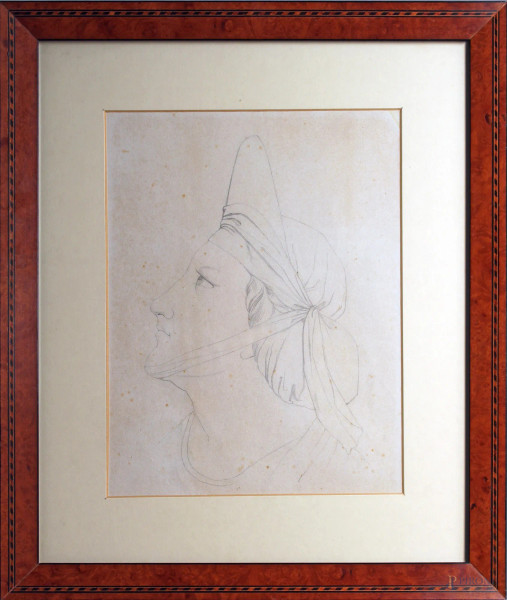 Ottorino Santini, Volto di donna, disegno a matita, cm 29x22, entro cornice.