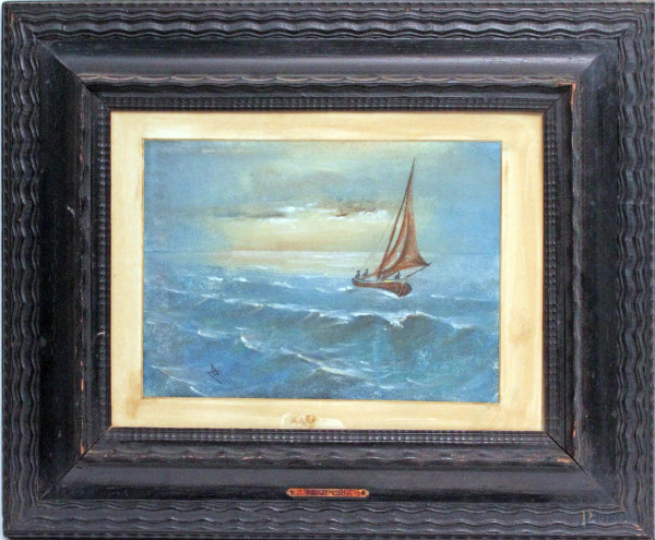 Marina con barche, pastello su carta, cm. 23x32, siglato, entro cornice.