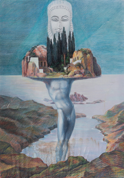 Sopra e sotto l'isola, XX secolo, pastelli su carta, cm 100x70, firmato in basso a destra, (segni di usura, abrasioni, strappi, tracce di umidità)