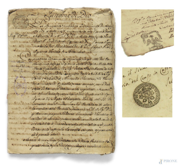Antico manoscritto papale composto da dodici pagine vergate a inchiostro di galla bruno, timbri papali all’interno del carteggio.