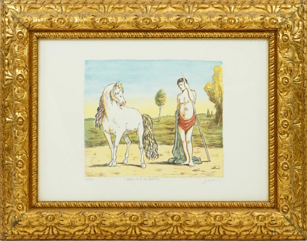 Giorgio De Chirico - Castore ed il suo cavallo, litografia a colori, cm 50x70, es. 21/100, recante timbro a secco G. De Chirico, entro cornice.