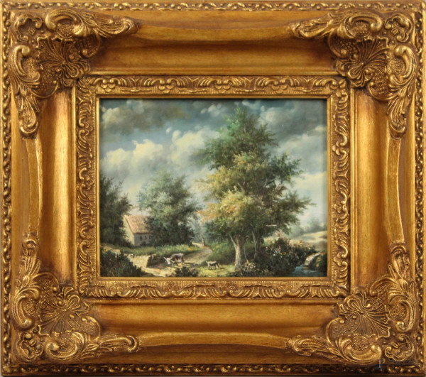 Paesaggio con figura ed armenti, olio su tavola 20x25 cm, entro cornice.