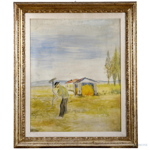 Giovanni Omiccioli (1901 - 1975), Contadino, tecnica mista su compensato, firmato in basso a destra, firmato e datato al retro 