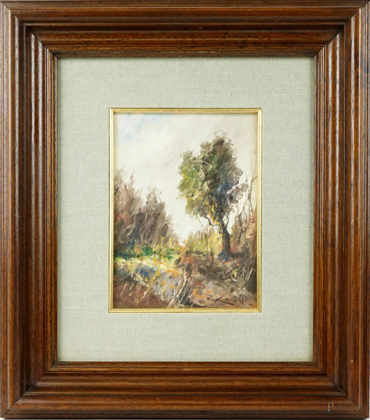 Paesaggio con albero, olio su tavola, cm 20x15, firmato, entro cornice.