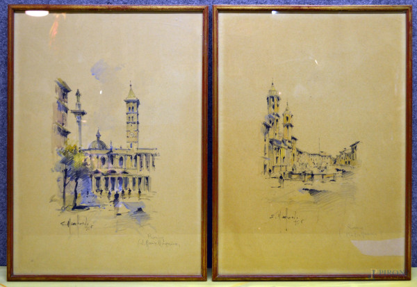 Scorcio di Roma, coppia di dipinti a tecnica mista, cm 34x50, entro cornici firmati.