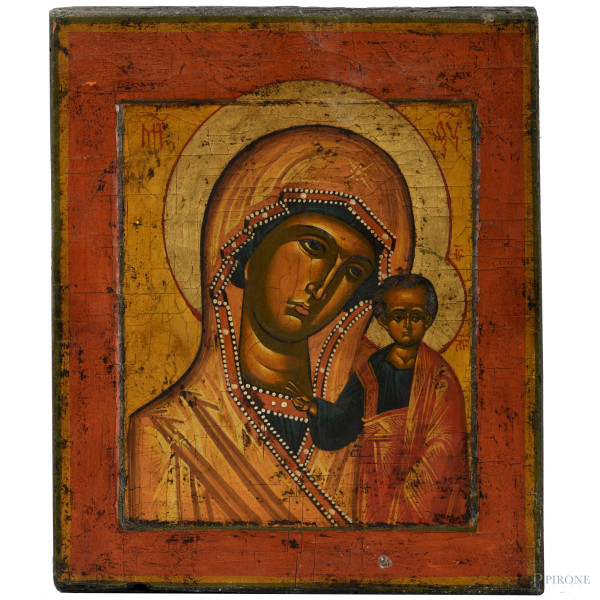 Icona raffigurante Madonna con bambino, XIX-XX secolo, cm 26,5x22, difetti