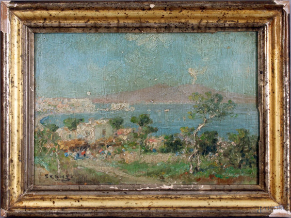 Veduta del golfo di Napoli, olio su tavola, cm. 17x25, firmato, entro cornice.