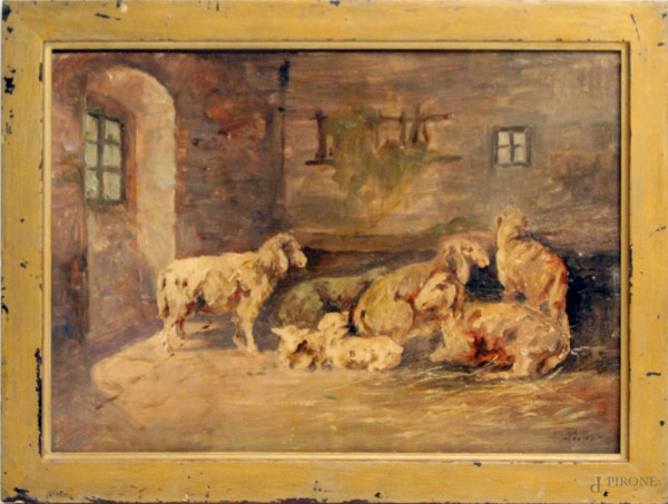 Interno di stalla con pecore, dipinto olio su tavola, cm. 25x35, firmato, entro cornice.