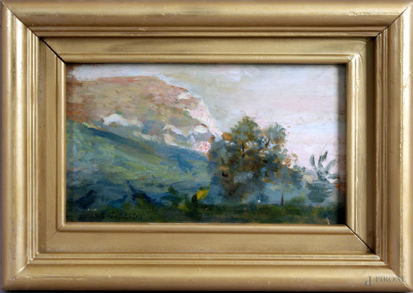 Paesaggio con alberi, olio su tavola, cm. 15x25, firmato, entro cornice.