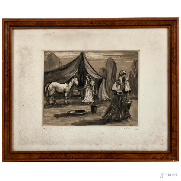 Felice Vellan (1889-1976), "Tzigani", monotipo, cm 370 x 470, firmato e datato "1953" in basso a destra, entro cornice, (ondulazioni della carta, foxing, tracce di umidità)