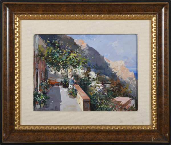 Terrazza, XX secolo, olio su cartone, cm 31x41, firmato in basso a destra, entro cornice