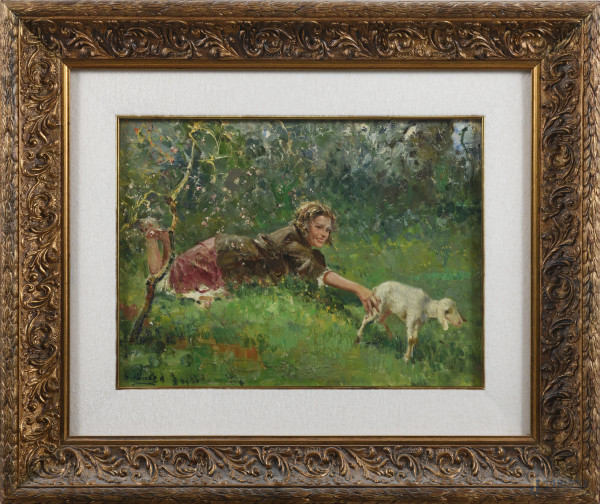Giovanni Panza (1894-1989), Fanciulla con agnello, olio su compensato, cm 29x39, firmato in basso a sinistra, entro cornice