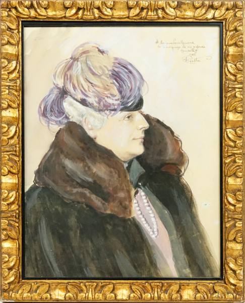 Ritratto di Madame Louis Ramond, tempera su cartoncino, dedica con data e firma in alto a destra 1946 A. Gefler, cm 39x30 circa, entro cornice