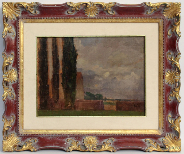 Paesaggio con alberi, dipinto ad olio su tela riportato su cartone, firmato, cm 40 x 30, entro cornice.