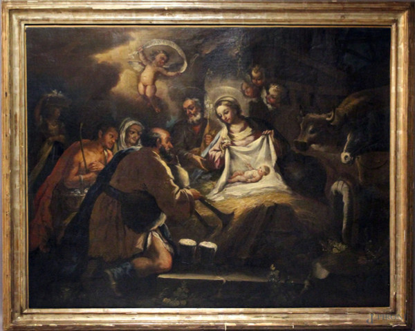 Pittore veneto del XVII sec, Adorazione dei pastori, olio su tela, cm. 105x136, entro cornice.