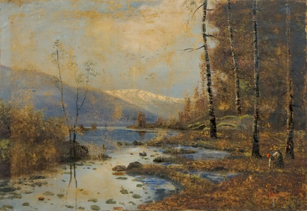 Giacinto Bo - Paesaggio montano con fiume e figura, olio su tela, cm 77x114,5, (cadute di colore)