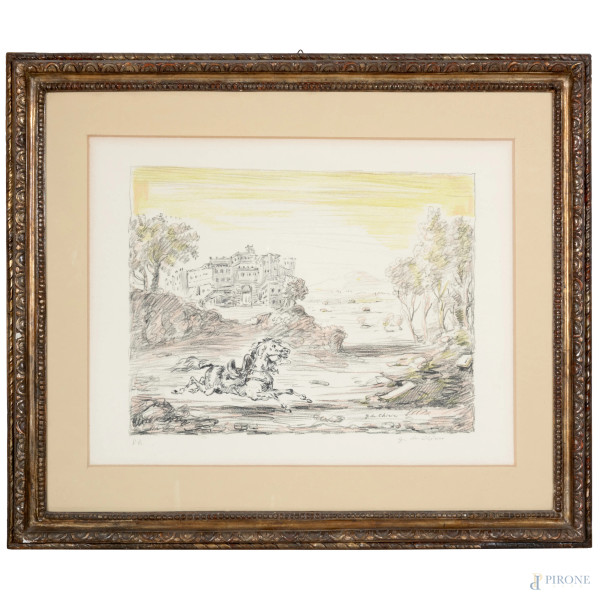 Giorgio De Chirico (1888-1978), Cavallo in corsa, litografia, cm 53,5x64 compreso passepartout, firmato in basso a destra, P.A., entro cornice