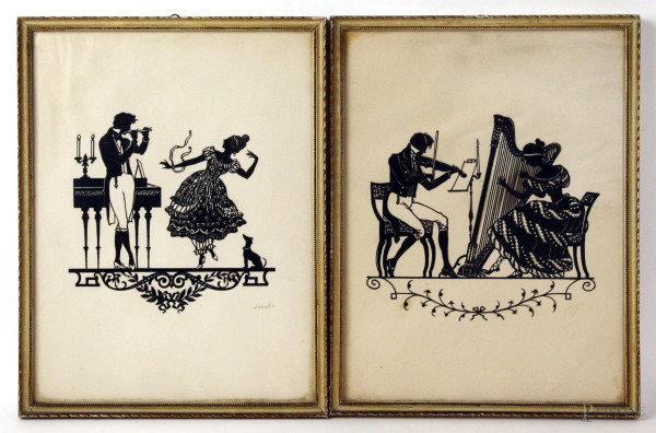 Due quadri raffiguranti lezioni di musica, carta ritagliata, cm. 29,5x22, firmati, entro cornici.