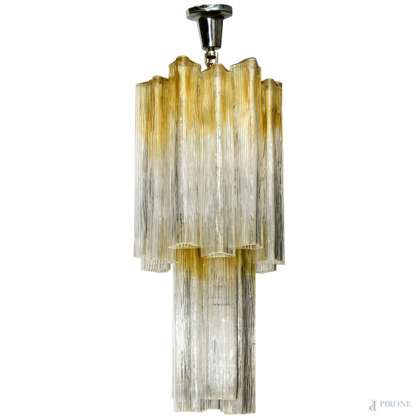 Lampadario in stile Triedro in vetro di Murano a due registri, XX secolo, cm , (rotture, felature, difetti)