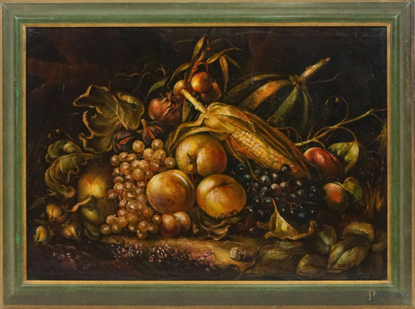Natura morta con frutta, olio su tela, cm 48x68, firmato, entro cornice.
