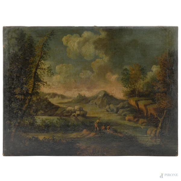 Pittore del XVIII secolo, Paesaggio con pescatore,  olio su tela, cm 44x60, (difetti)