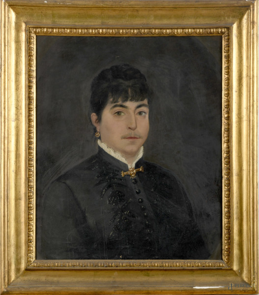 Ritratto di signora, XIX-XX secolo, olio su tela, cm 63x53, entro cornice, (segni di usura, piccole cadute di colore e lacerazioni)