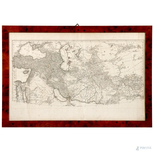 Carta geografica, XX secolo, incisione, cm 52,5x81, entro cornice, (segni di usura, umidità, piegature)