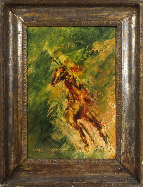 Fantino a cavallo, olio su tela, cm 44x29,5, XX secolo, firmato, entro cornice