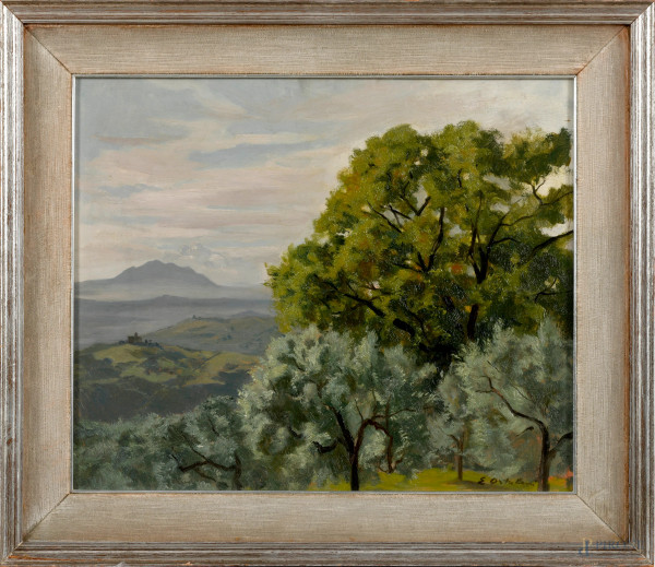 Enrico Ortolani ( 1883 – 1972), Soratte, olio su compensato, cm 50x60, firmato in basso, entro cornice