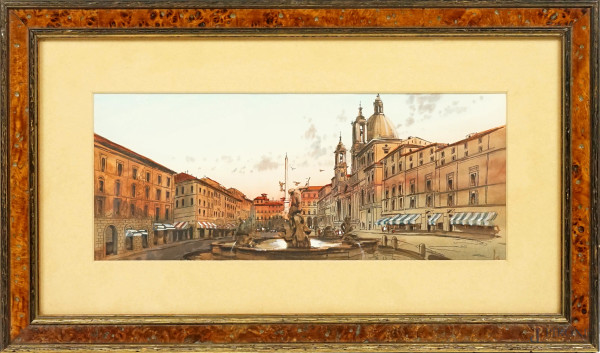 Piazza Navona, acquarello su carta, cm 25x42, XX secolo, entro cornice.